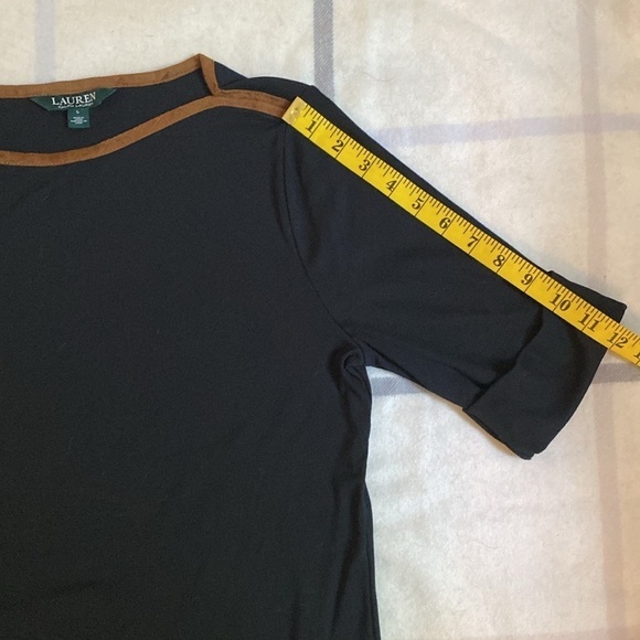 Lauren Ralph Lauren Black Suede Trim Short Sleeve Shirt Women’s Size Large - Picture 9 of 9